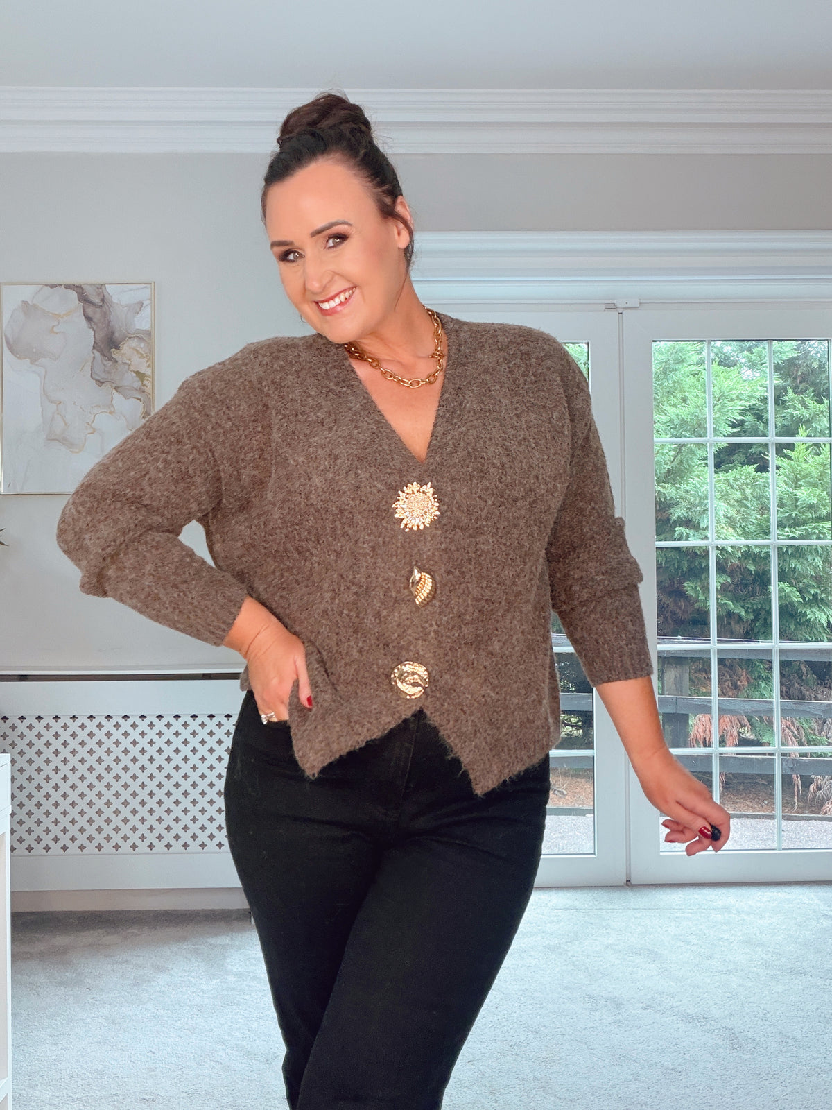 BROWN JEWELLED BUTTON CARDIGAN