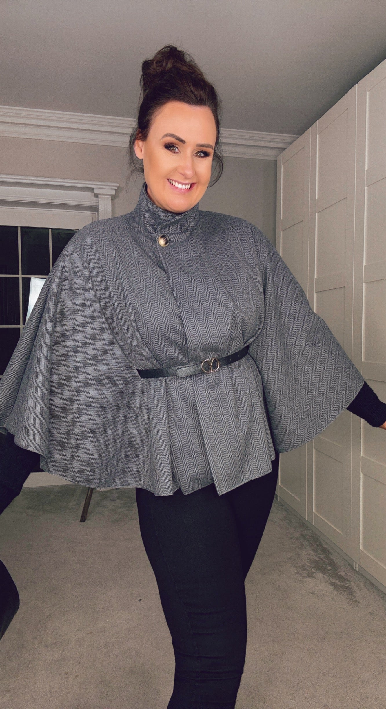 GREY CAPE with BELT DETAIL