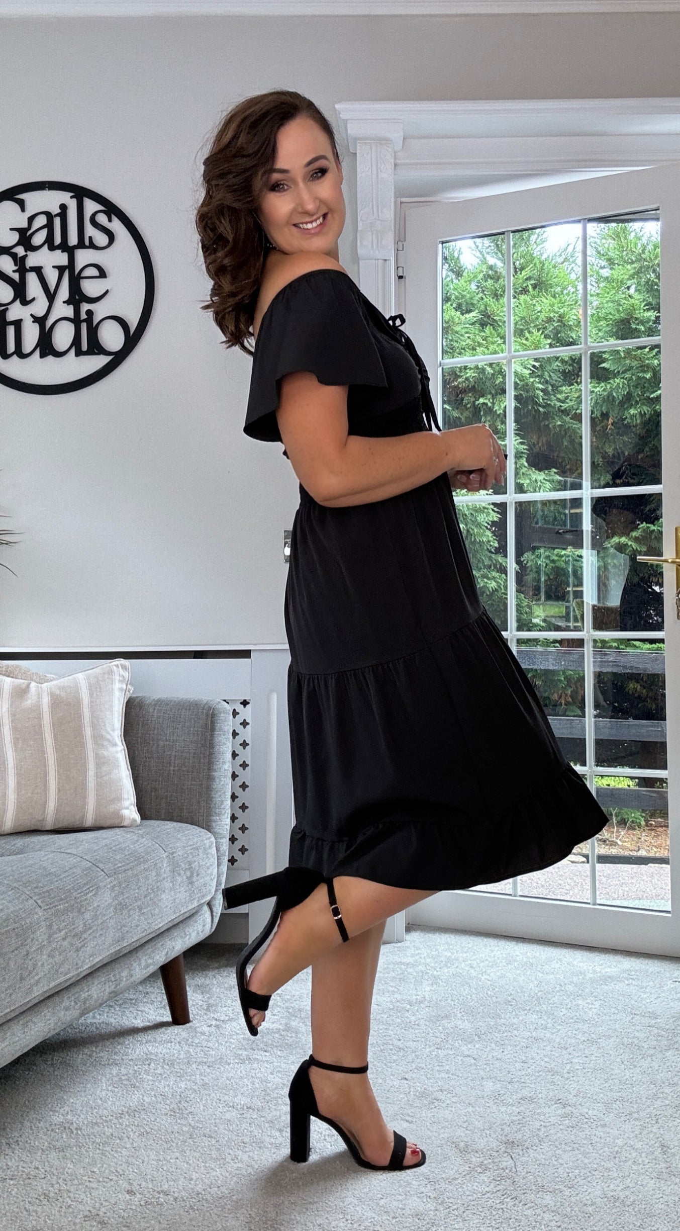 BLACK OFF SHOULDER SMOCK WAIST SHORT FRILL DRESS