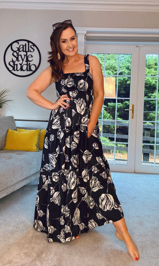 BLACK & GREY LUSA FLORAL SMOCKED MAXI SUMMER DRESS