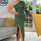 KHAKI ONE SHOULDER LONG SLEEVED DRESS