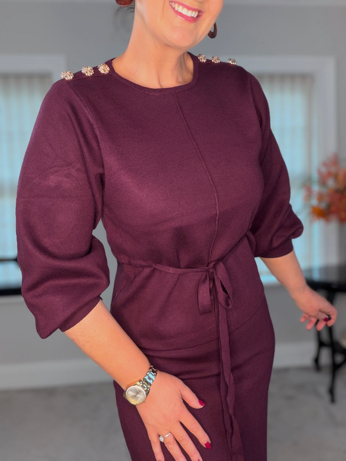 PLUM SHOULDER BUTTON JUMPER (with drawsting waist)