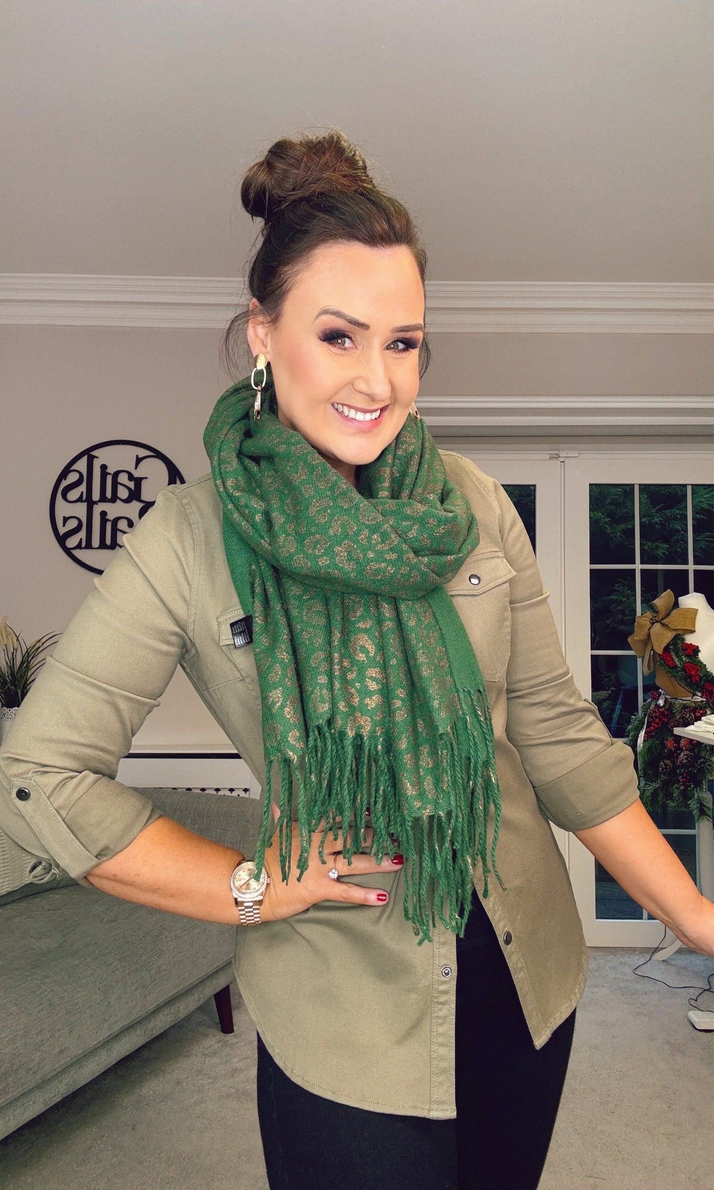 GREEN AND GOLD LEOPARD SCARF