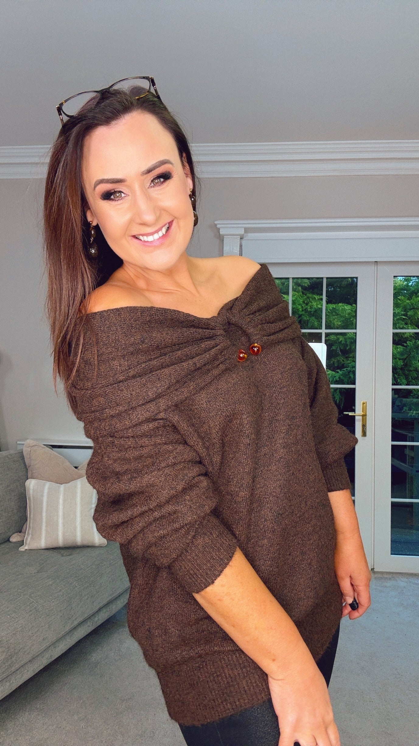 BROWN OFF SHOULDER with JEWEL RING DETAIL
