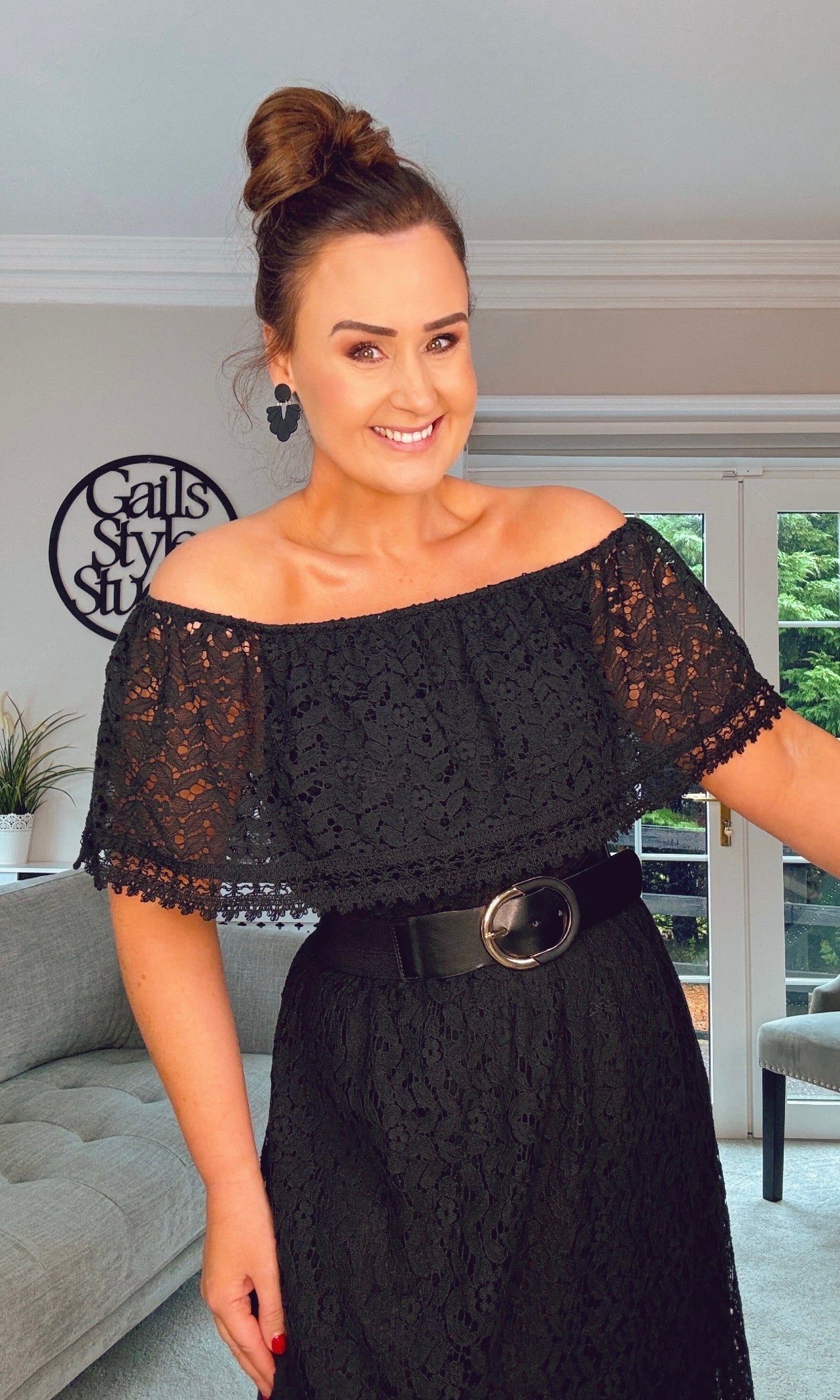 BLACK HIGH LOW HEM OFF SHOULDER LACE DRESS