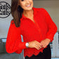 PREMIUM RED LACE BLOUSE WITH PLEATED SLEEVE