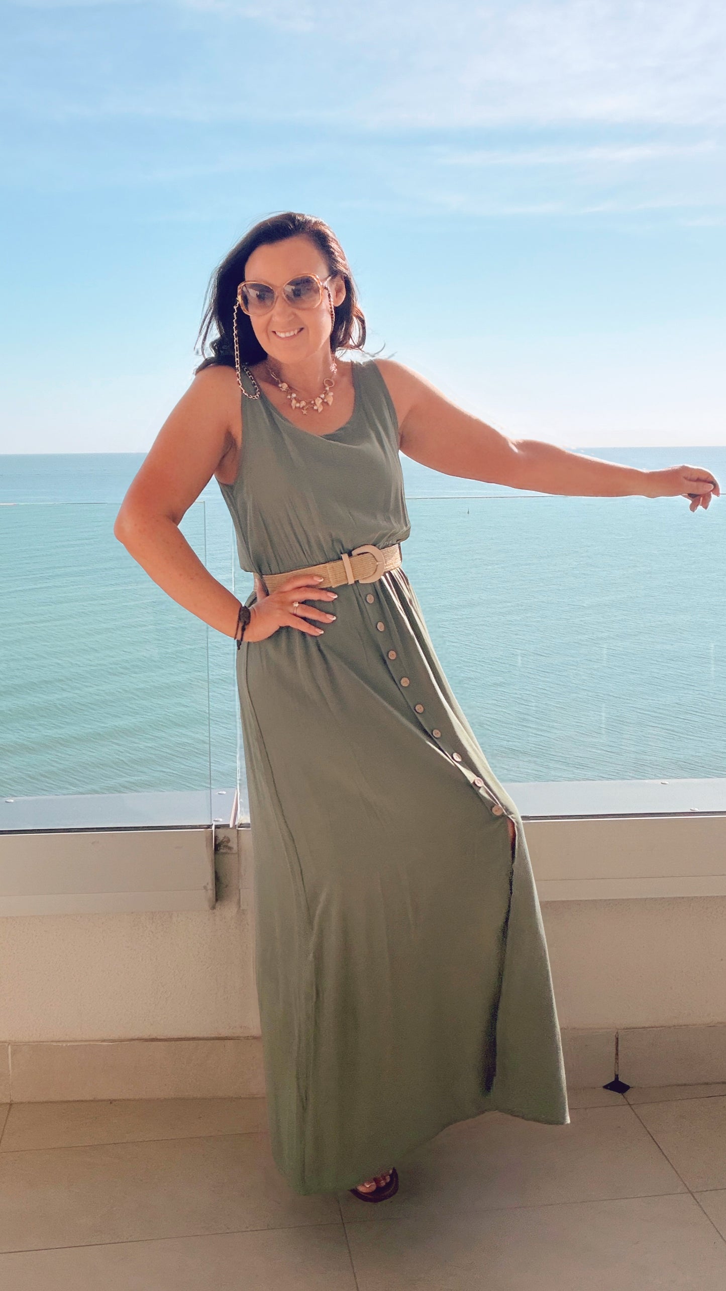 KHAKI BUTTON SUN DRESS with belt