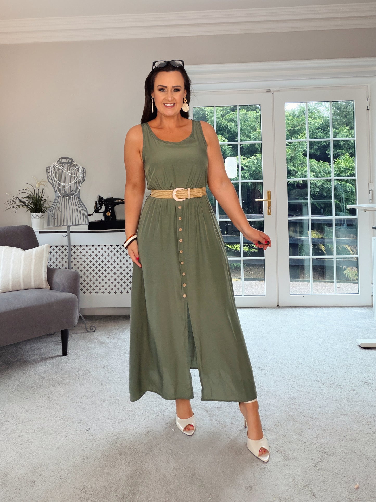 KHAKI BUTTON SUN DRESS with belt