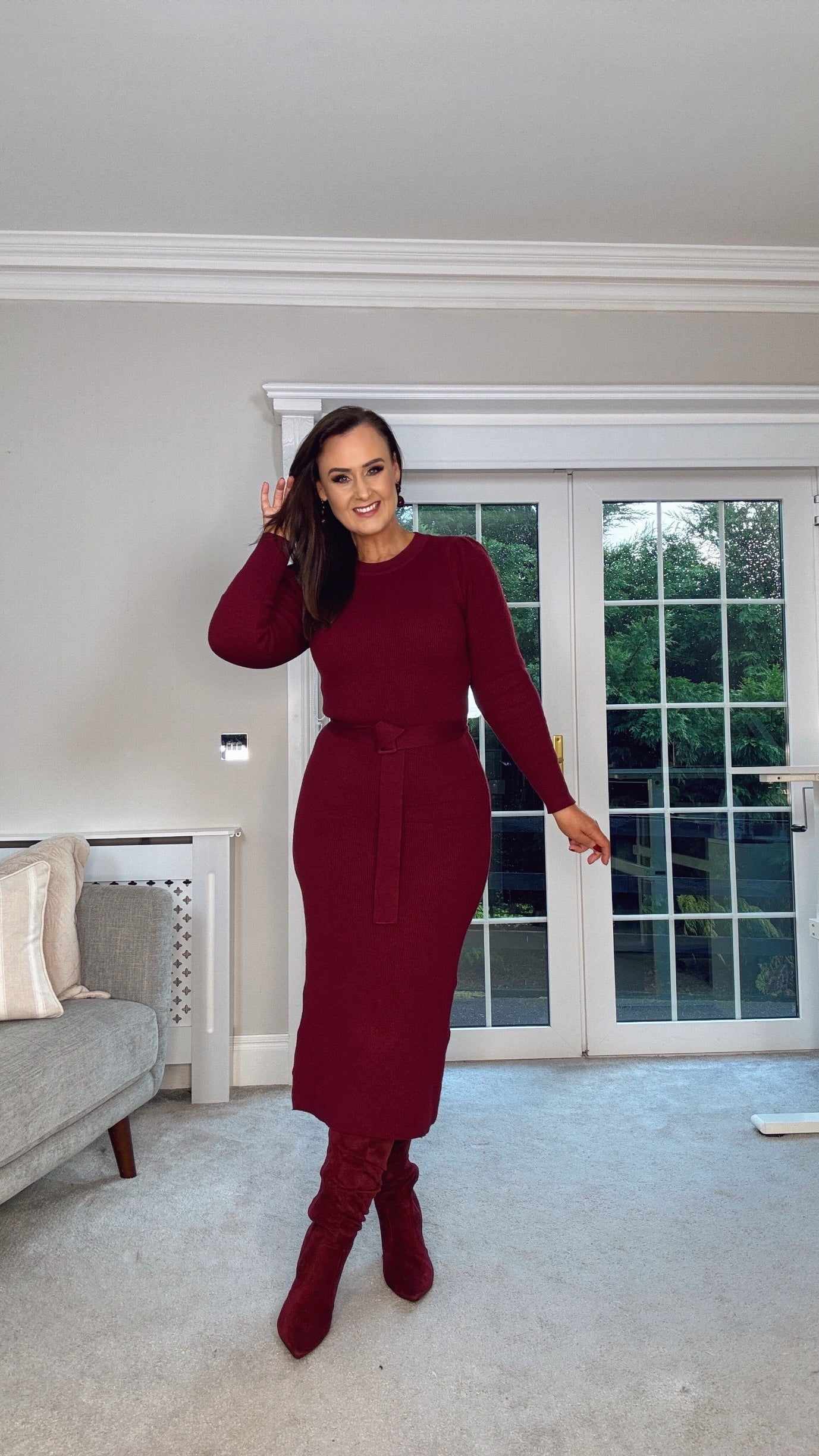 BURGUNDY LONG JUMPER DRESS with belt