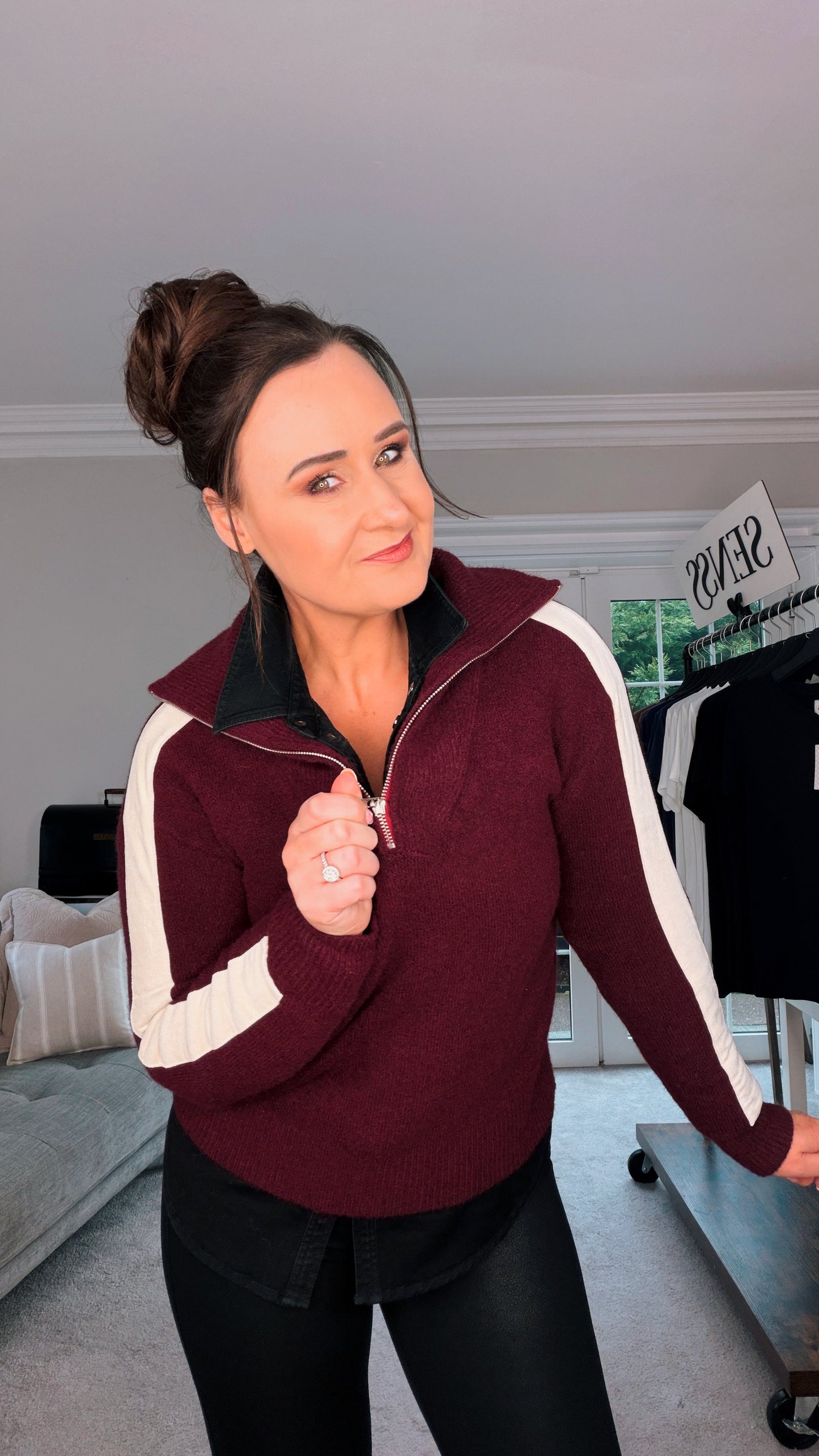 MAROON HALF ZIP JUMPER with sleeve stripe