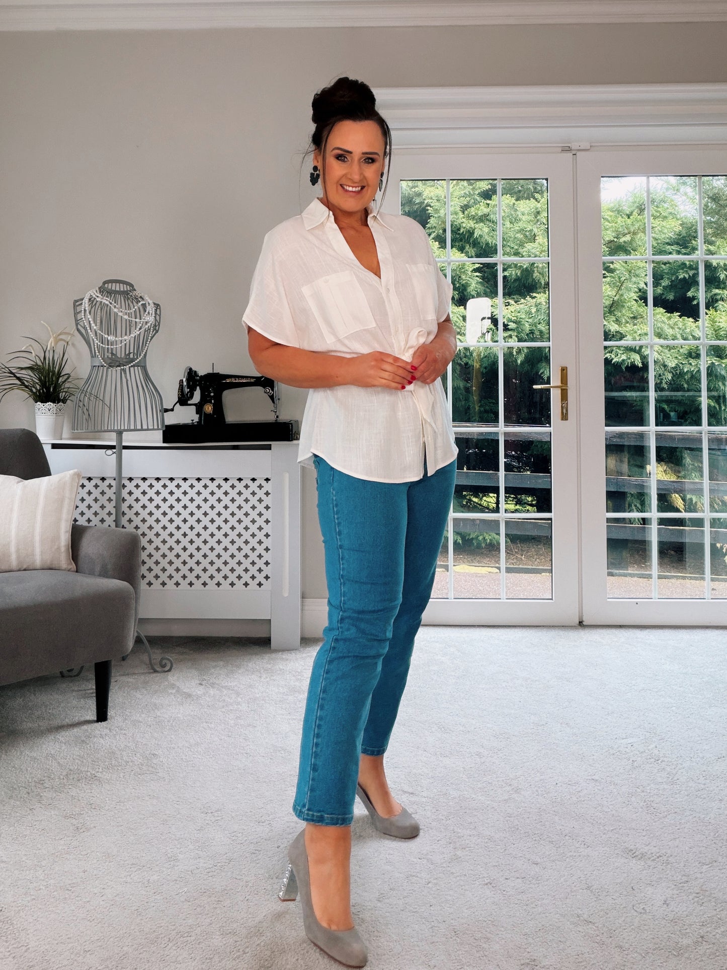 WHITE 100% LINEN BUTTON BATWING BELTED SHIRT