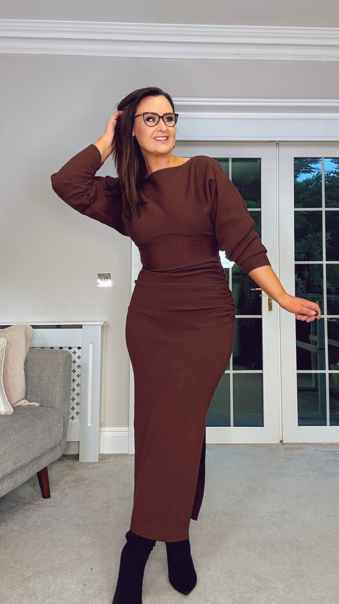 BROWN MIDI GATHERED WAIST JUMPER DRESS