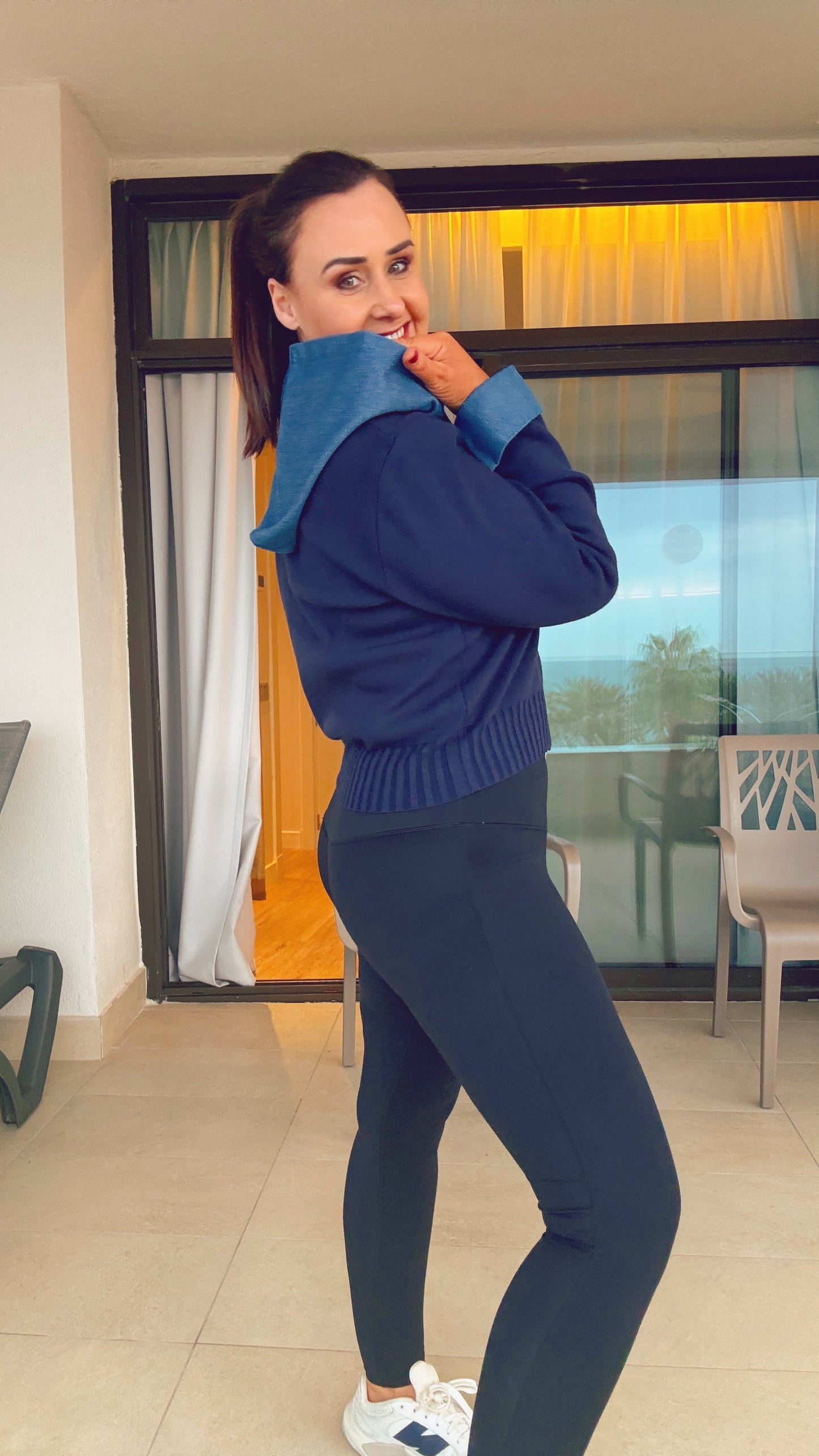 NAVY ZIP TOP with DENIM HOOD