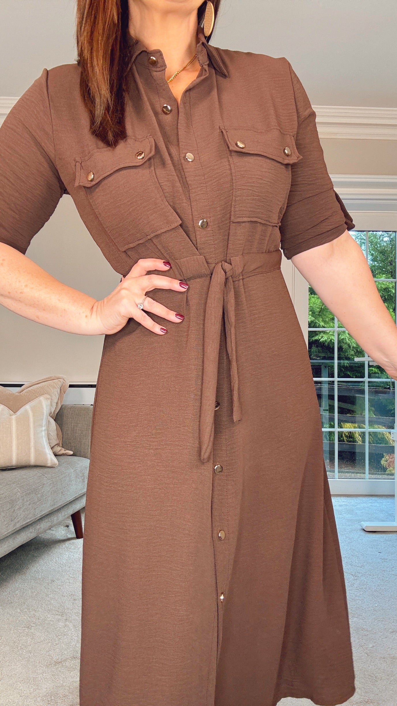 BROWN MIDI SHIRT DRESS