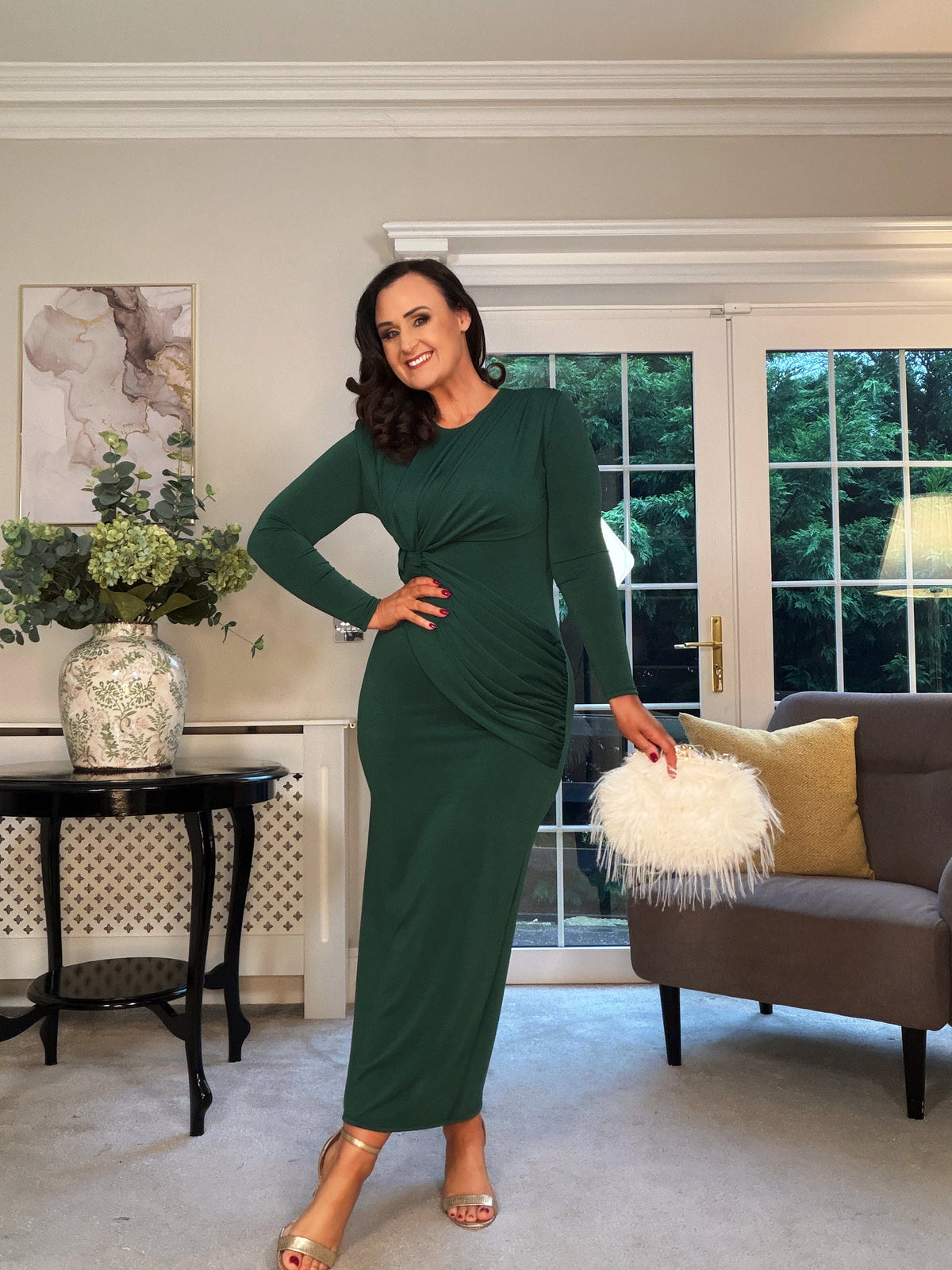GREEN STRETCH DRAPE DRESS
