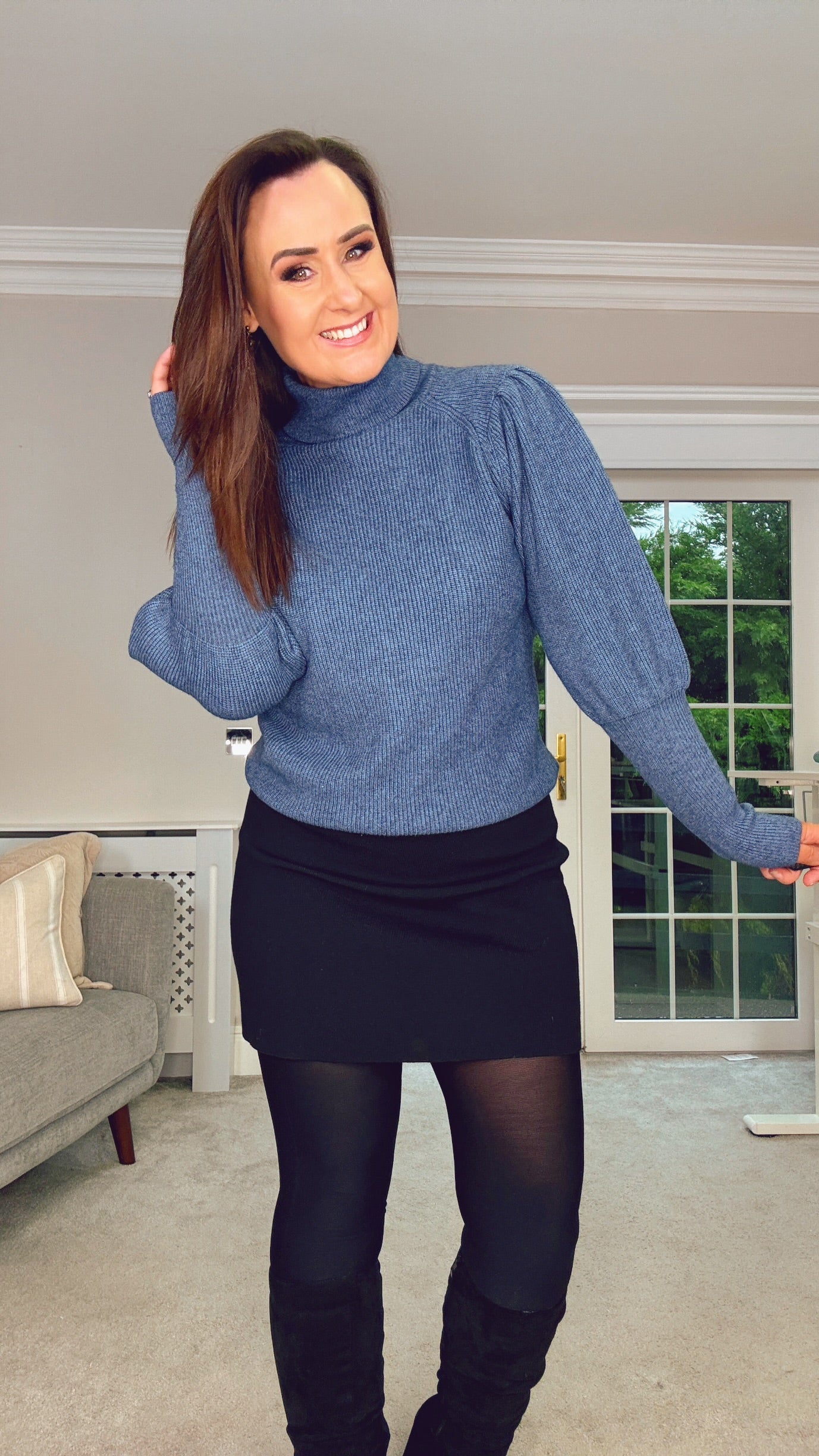 BLUE BALLOON SLEEVE POLONECK QUALITY KNIT JUMPER