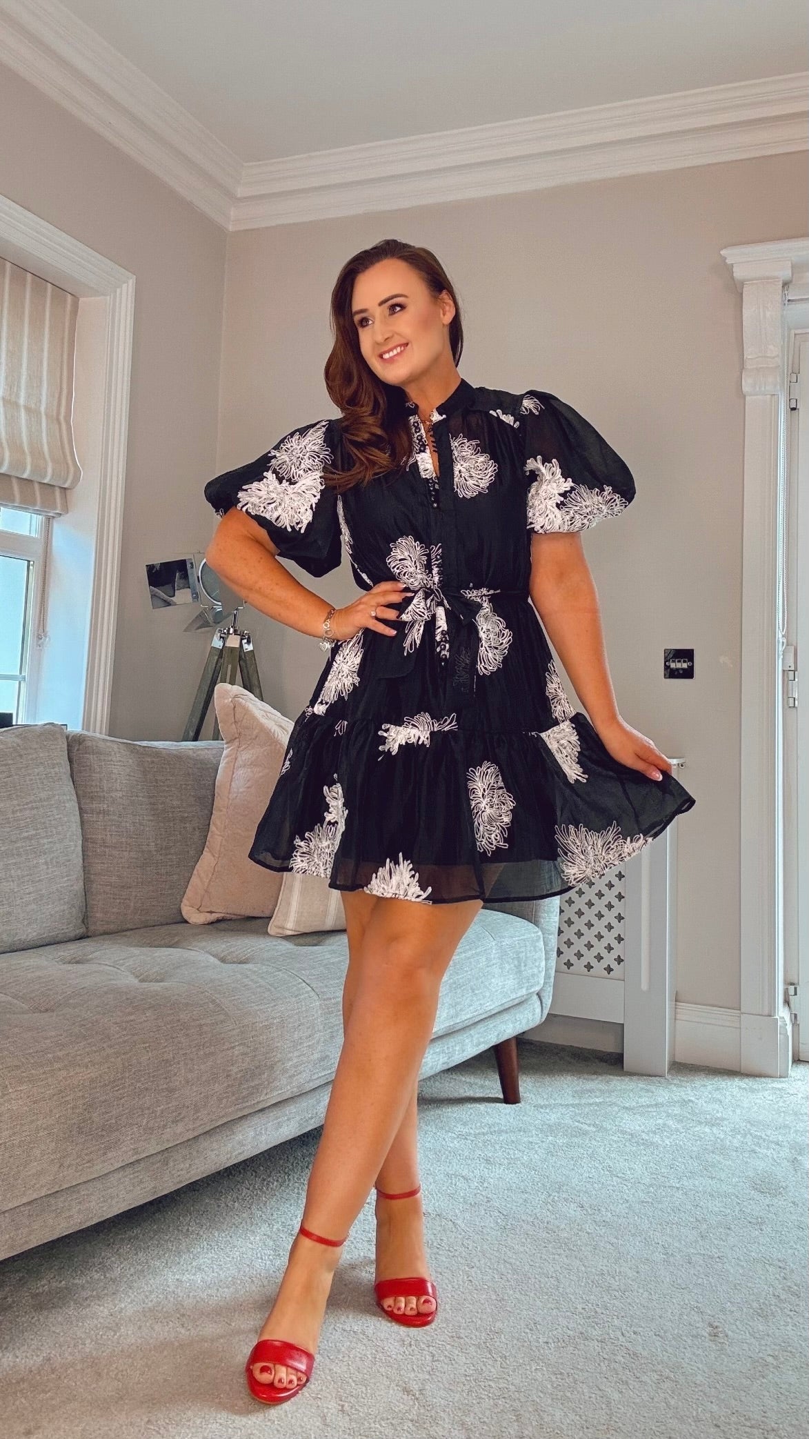 BLACK DRESS with EMBROIDERED WHITE DETAIL