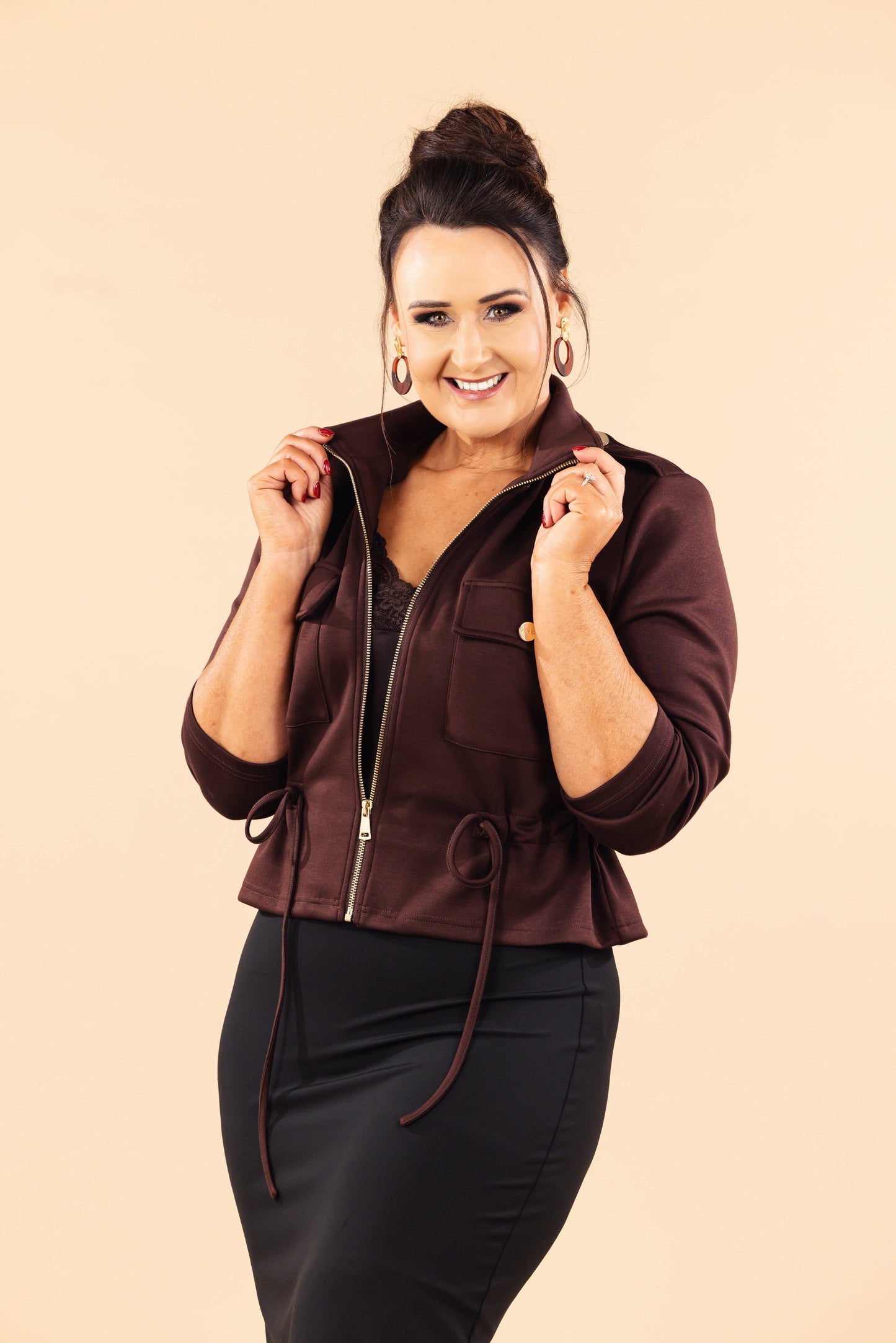 SENSS BROWN ZIP TIE WAIST JACKET