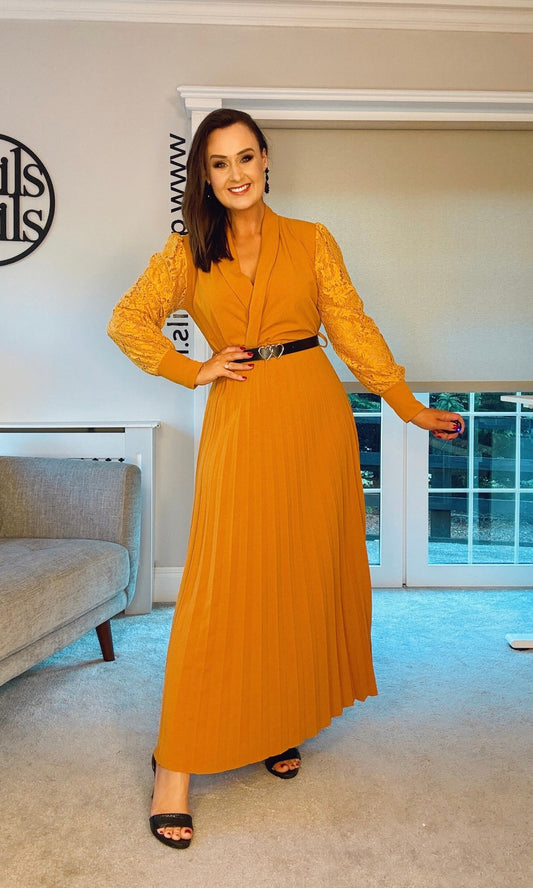 MUSTARD MIDI PLEATED DRESS with lace sleeved