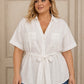 WHITE 100% LINEN BUTTON BATWING BELTED SHIRT