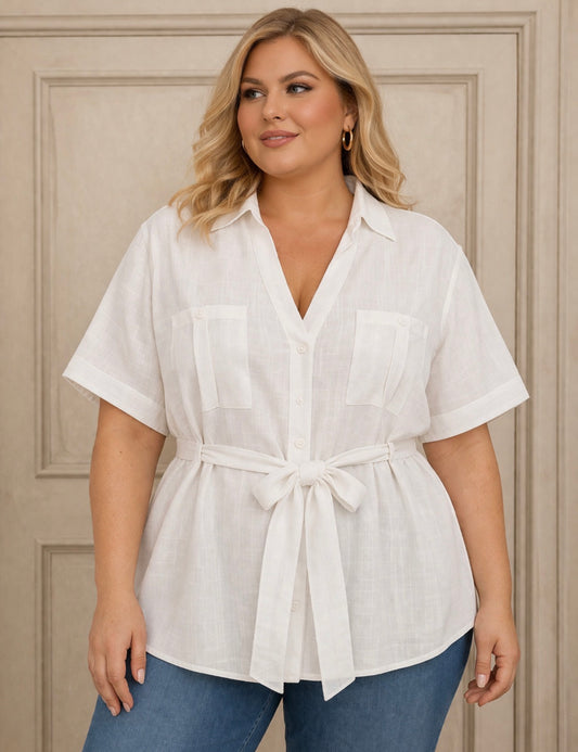 WHITE 100% LINEN BUTTON BATWING BELTED SHIRT