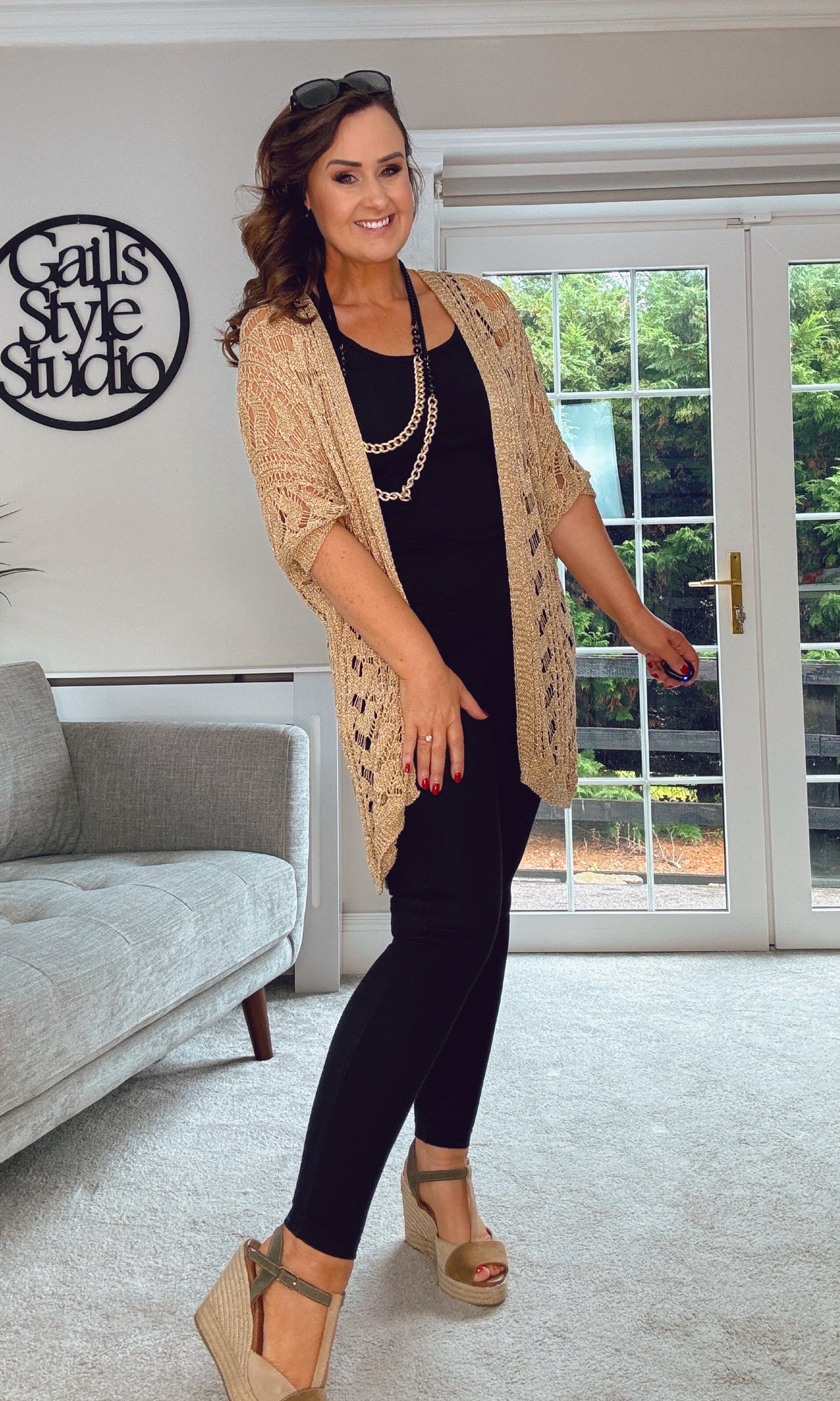 GOLD CROCHET MIDI CARDIGAN