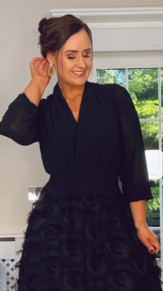 BLACK CHIFFON WRAP BODY SUIT