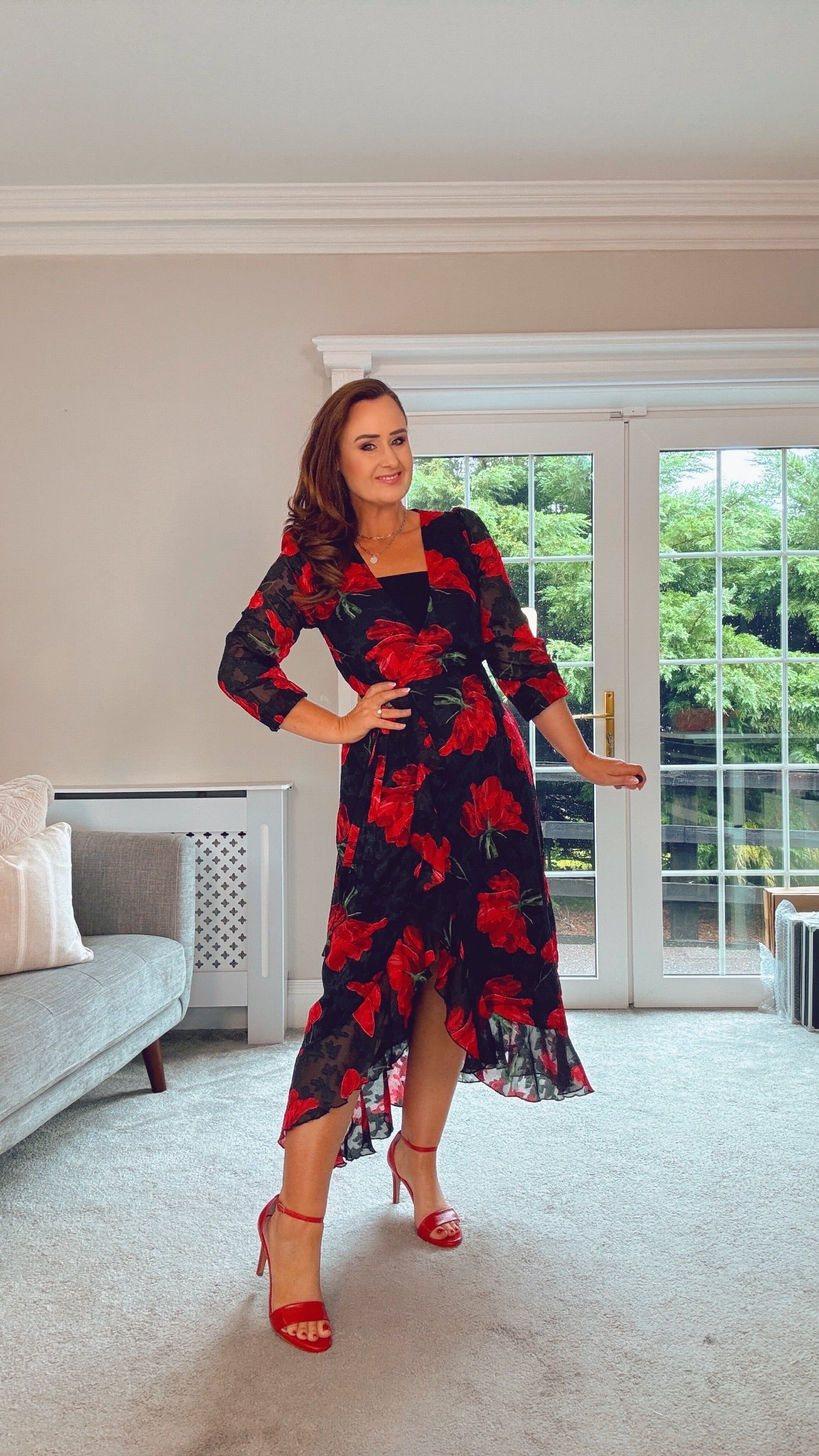 BLACK POPPY WRAP MIDI DRESS
