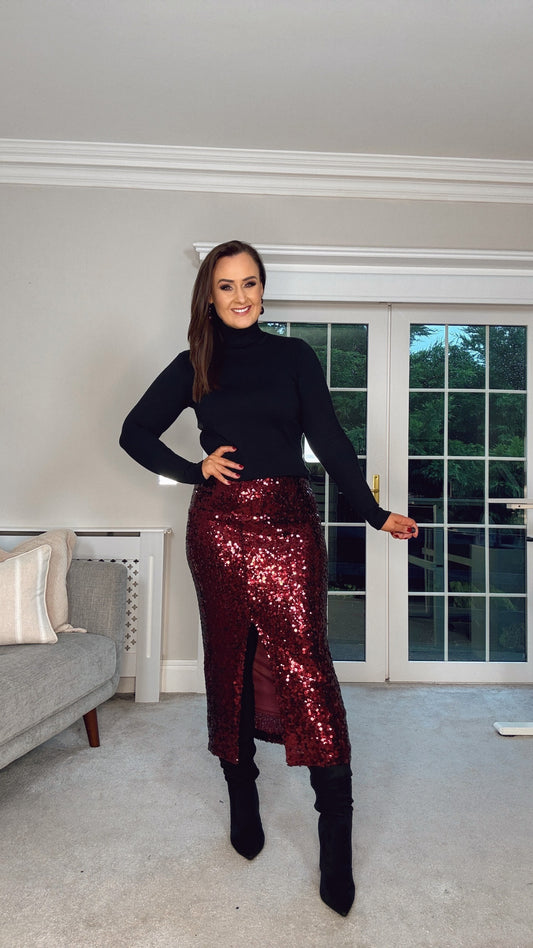 BURGUNDY SEQUENCE MIDI STRETCH SKIRT