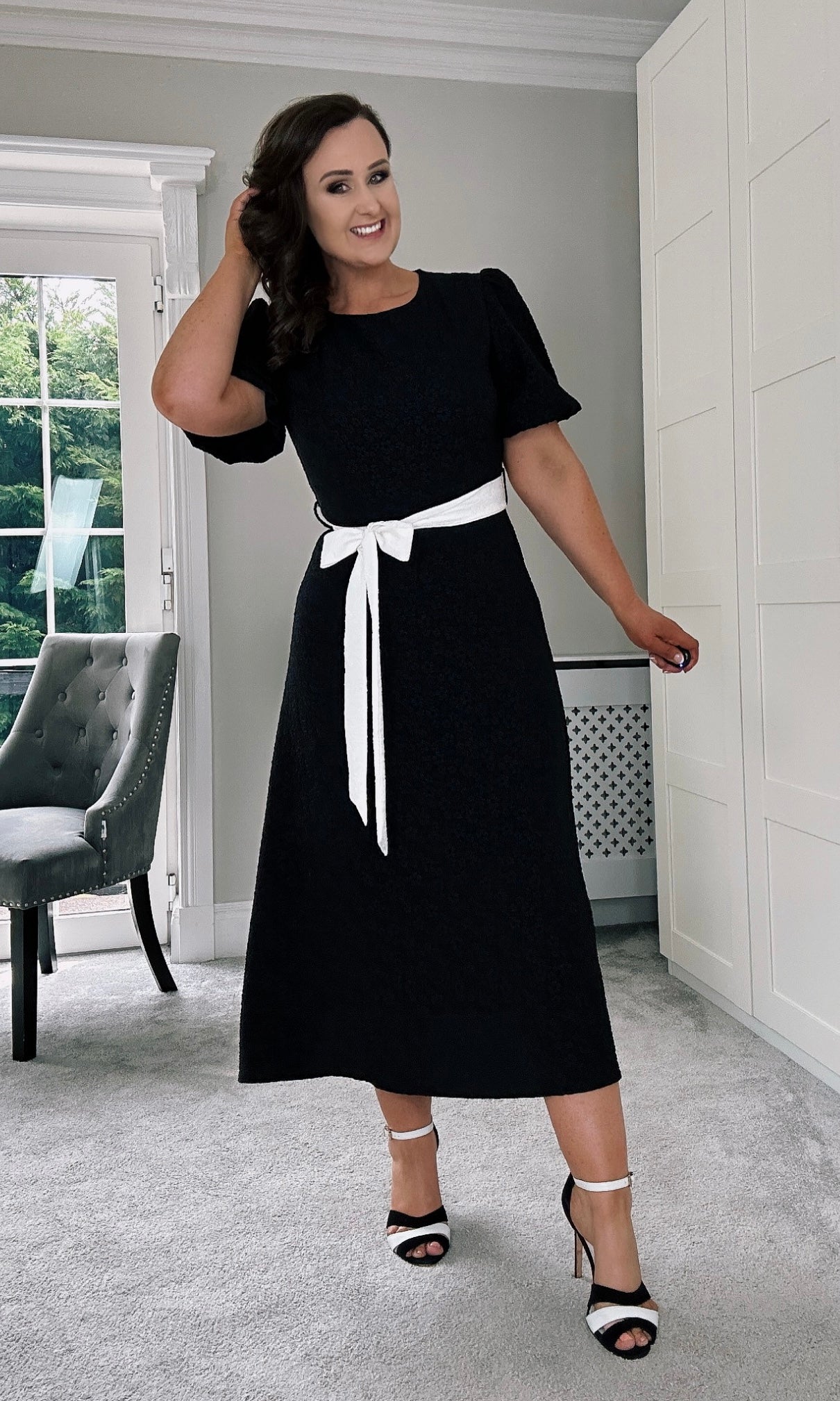 SPECIAL OCCASION BLACK MIDI ALINE DRESS WITH 2 COORDINATING BELTS OP